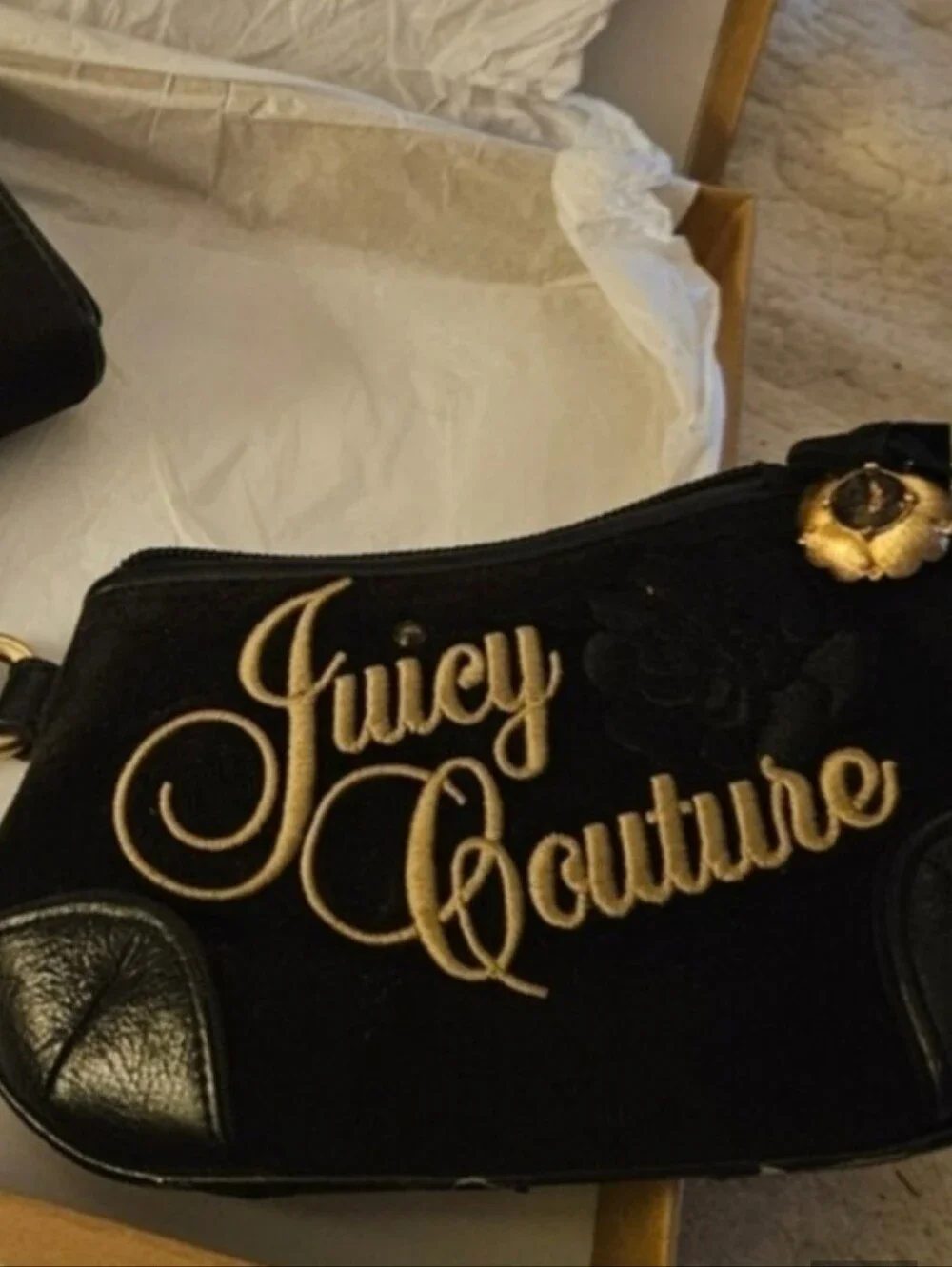 Juicy Couture Y2k Black Velour Wristlet with Gold Juicy Script Logo & Charm